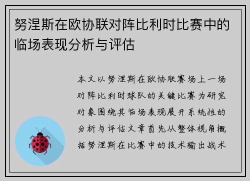 努涅斯在欧协联对阵比利时比赛中的临场表现分析与评估
