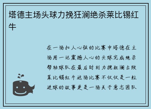 塔德主场头球力挽狂澜绝杀莱比锡红牛 塔德主场头球力挽狂澜绝杀莱比锡红牛